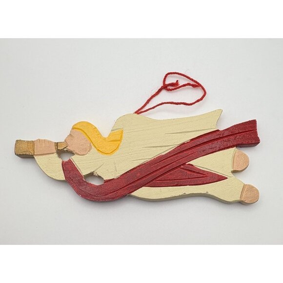 Vintage Wooden Angel Christmas Tree Ornament with Trumpet Horn & Red Sash - Picture 7 of 7